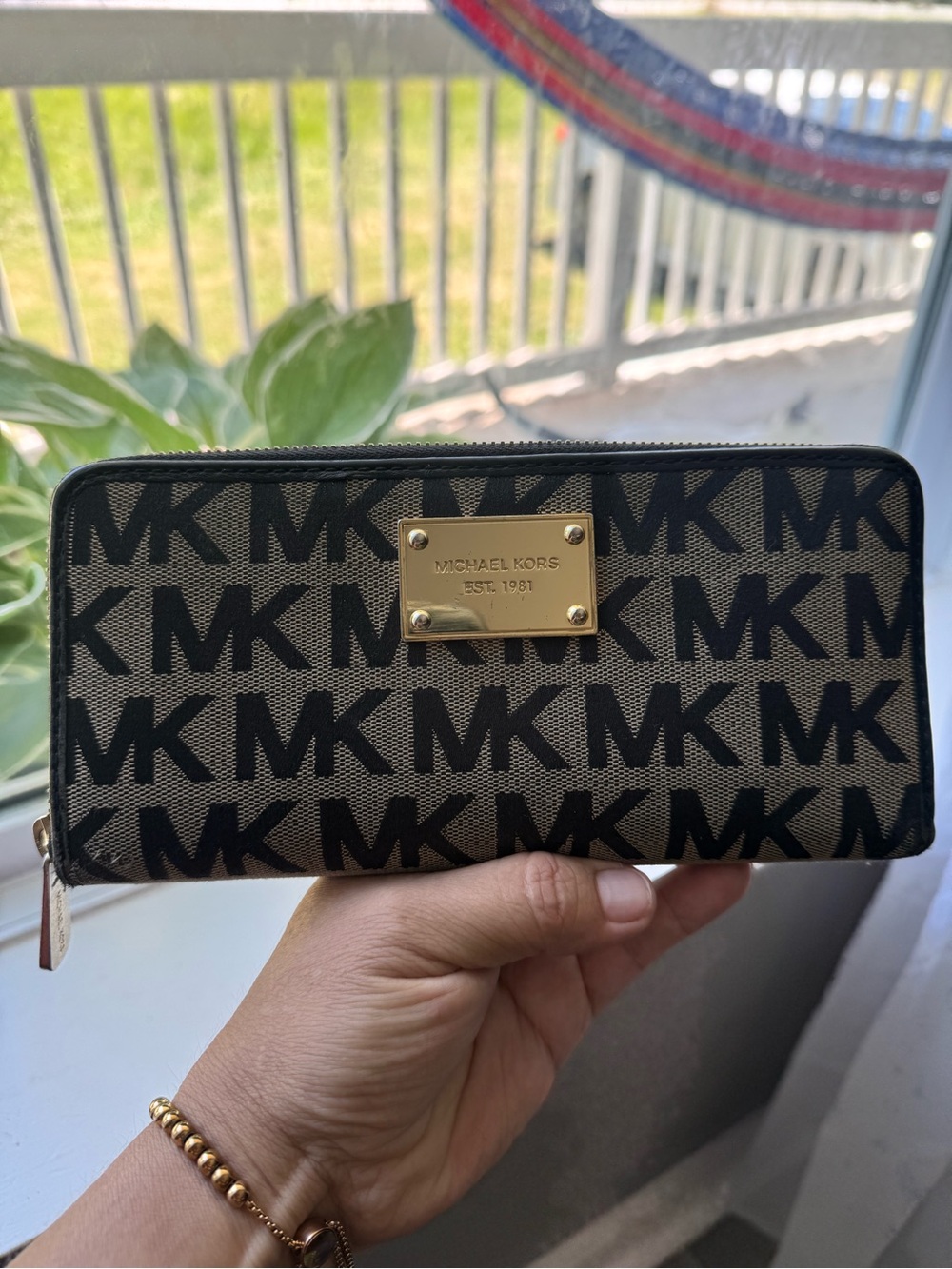 Michael Kors MK Logo Zip Around Wallet in Black and Beige